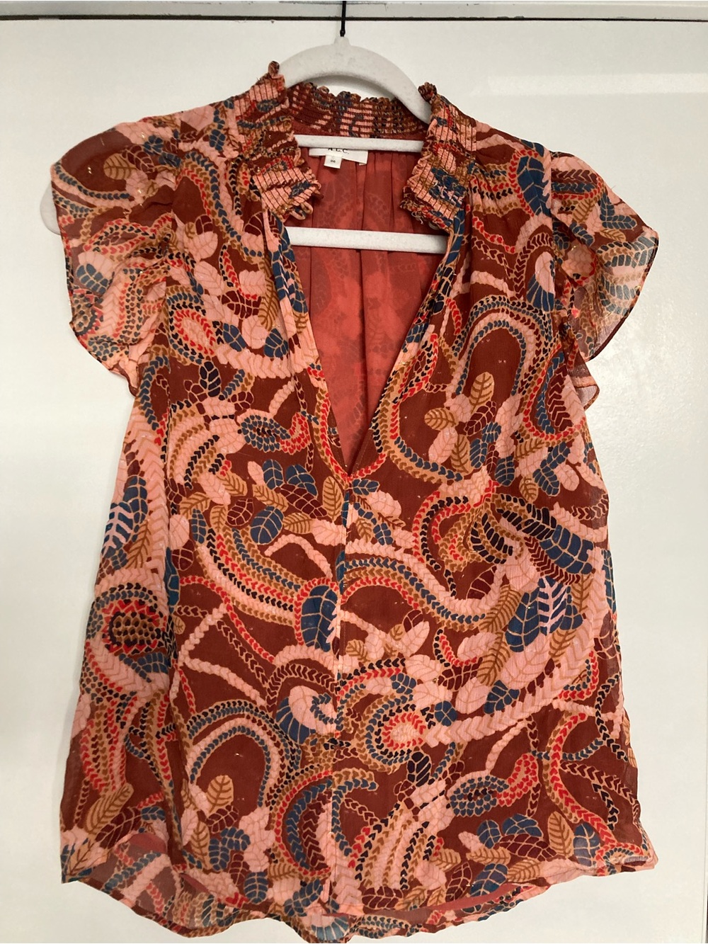 A.L.C. Hayley Leaves Flutter-Sleeve V-Neck Silk blend Blouse